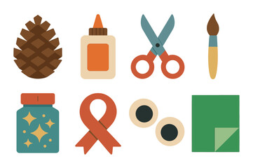Art tools flat icon set. featuring glue, scissors, brush, paint, ribbon, sparkles, and paper symbols.