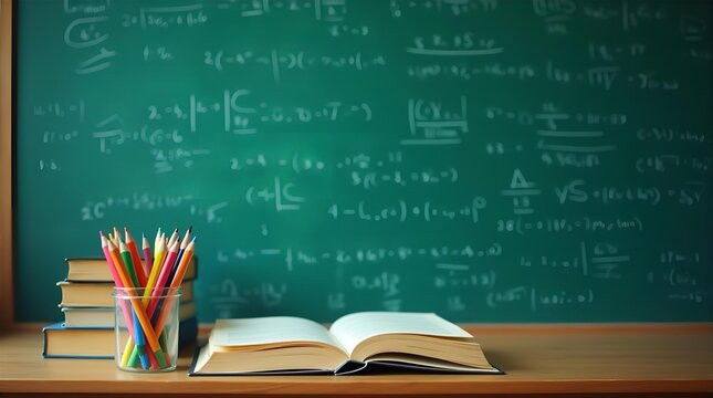 Math Education Still Life: Open Textbook, Pencils, & Chalkboard with Equations - Back to School Learning Concept