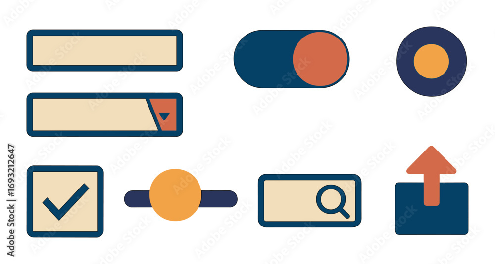 Poster ui elements flat icon set. featuring button, checkbox, search, dropdown, toggle, upload symbols.