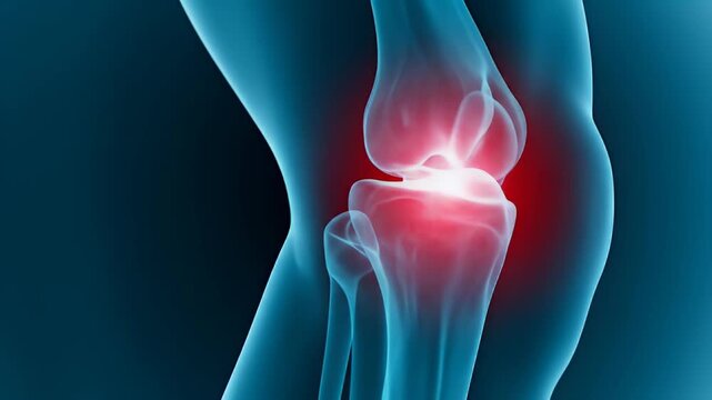 Human Knee Joint Illustration with Red Highlighted Pain Area on Blue Background Anatomical Visualization of Knee Bones and Structure for Medical Purposes