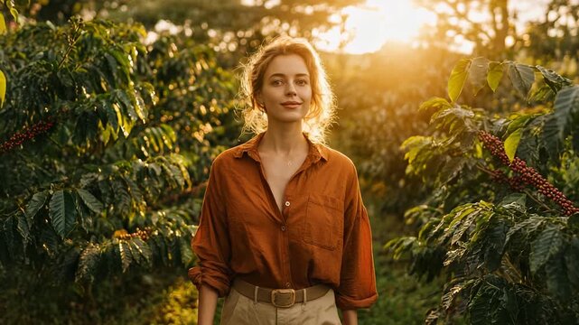 Woman walking through coffee plantation golden sunlight backlight warms foliage as woman inspects coffee plant and berry while wearing rust shirt and belt among leafy row of crop at dusk sunset