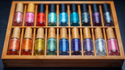 Discover stunning nail polish collection featuring vibrant glitter shades and elegant pastels, perfect for creative manicures and DIY beauty.