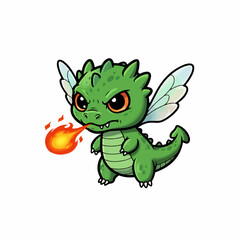 Cute baby green dragon breathing fire with angry expression and wings
