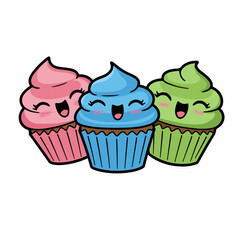 Cute happy cupcakes with colorful frosting bring sweet joy and cheer