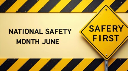 National Safety Month June: Safety First Yellow Sign with Black Stripes - Workplace & Home Safety Awareness Campaign Image