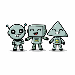 Three cute, smiling robots with unique shapes stand together joyfully