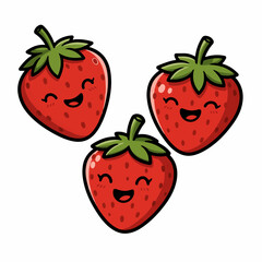 Three happy cartoon strawberries smiling with joy and excitement