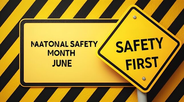 National Safety Month June Image: Yellow Safety First Sign on Black and Yellow Striped Background for Workplace Safety Awareness Campaign