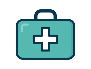 Teal-colored first aid kit with a white cross in the center, outlined in dark blue and featuring a top handle. It symbolizes healthcare and emergency medical aid.
