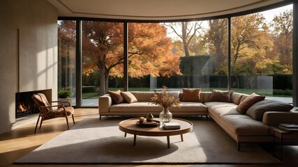 Sal&oacute;n moderno con sof&aacute; en L, chimenea y ventanales con vistas al oto&ntilde;o