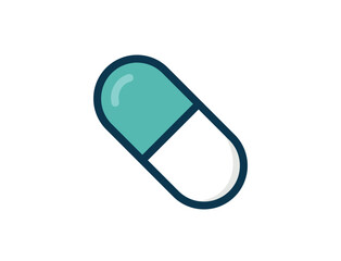 A simple, stylized illustration of a capsule pill with a teal left half and a white right half, outlined in dark blue. It represents medicine or pharmaceutical products.