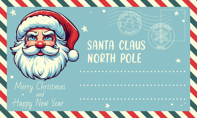 Merry Christmas postcard. Christmas envelope with Santa. Christmas envelope with stamps, seals. Letter to Santa Claus. Santa mail envelope. North pole postmark. Winter Season Vector Greeting Card