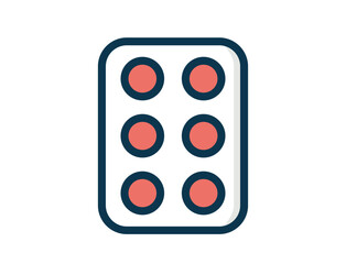 Simplified, stylized illustration of a blister pack containing six red round pills. It represents medicine or pharmaceutical products.