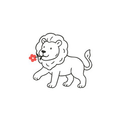 Cute cartoon lion holding a flower