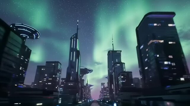 Futuristic cityscape at night with uf os