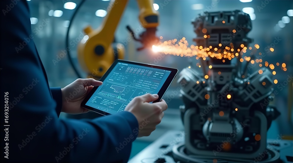 Poster smart factory automation: engineer with tablet monitoring robot welding engine block, industry 4.0 t
