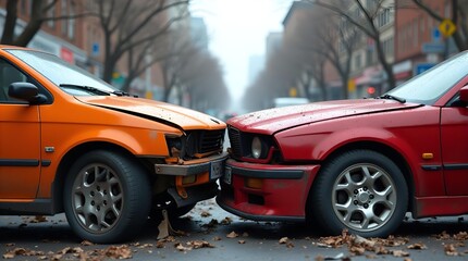 Car Accident on City Street: Damaged Orange & Red Vehicles After Collision, Insurance Claim Image