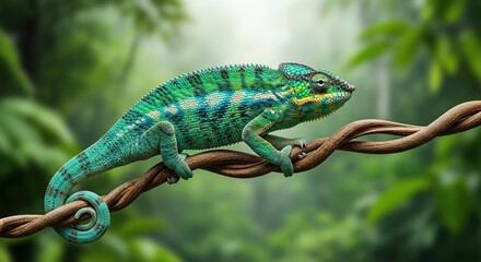 Colorful Green Blue Chameleon Climbing on Twisted Branch in Dense Jungle