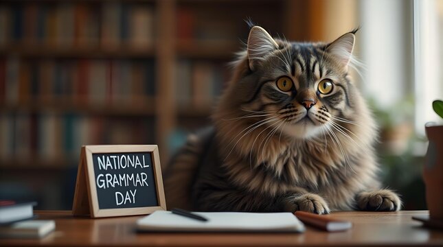 National Grammar Day Cat: Fluffy Tabby with Chalkboard Sign on Desk in Library - Stock Photo