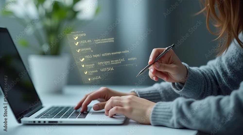Poster woman coding on laptop: software development, programming, and technology concept with checklist ove