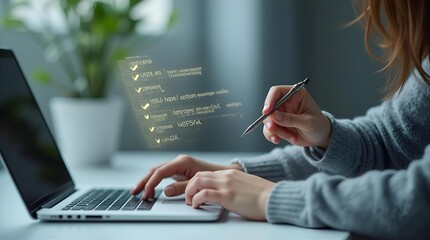 Woman Coding on Laptop: Software Development, Programming, and Technology Concept with Checklist Overlay