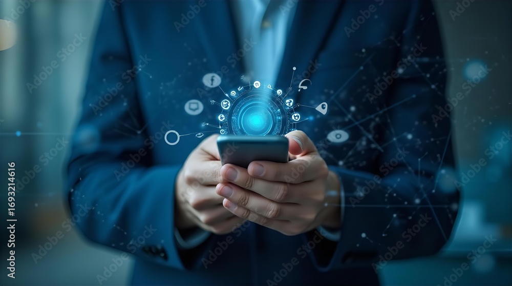 Poster man in suit using smartphone with digital network overlay | business technology concept | mobile con