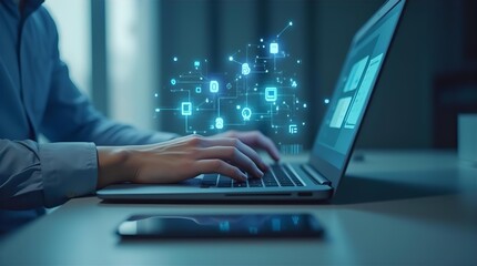 Person Typing on Laptop with Digital Network Overlay: Technology, Connectivity, and Modern Work Environment