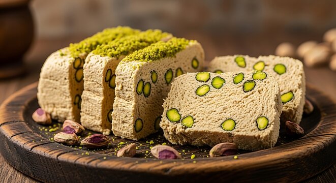 Sliced Pistachio Halva on a Rustic Wooden Tray.