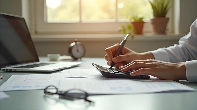 Accountant Calculating Finances: Woman Using Calculator at Desk with Laptop & Financial Documents in Bright Home Office Setting