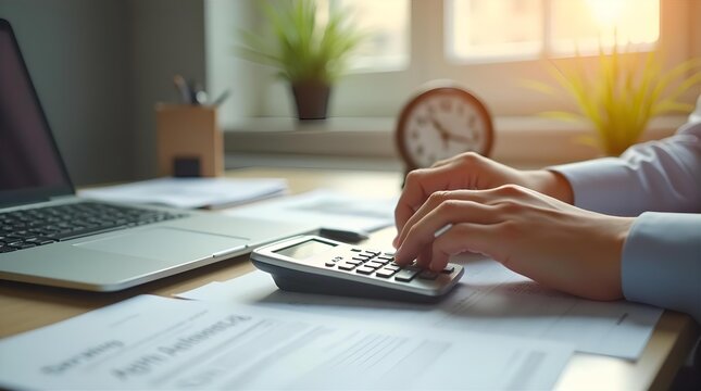 Accountant Calculating Finances: Laptop, Calculator, & Documents on Desk. Financial Planning, Bookkeeping, and Tax Preparation Concept