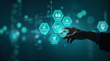 Digital Transformation Strategy: Business Technology Solutions & Innovation Concept with Hexagon Icons and Hand Touching Screen