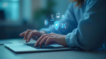 Cybersecurity Professional Working on Laptop: Data Protection, Online Safety, and Digital Security Solutions Concept