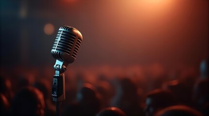 Vintage Microphone on Stage: Live Performance, Concert, Music Event, Retro Style, Audience in Background, Stage Lighting, Entertainment Industry