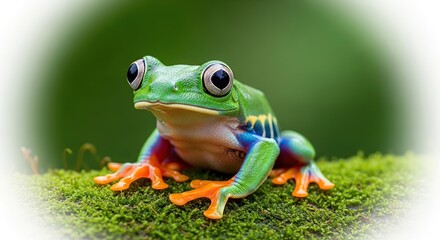 Obraz premium Colorful Poison Dart Frog Sitting on Green Moss in Natural Environment