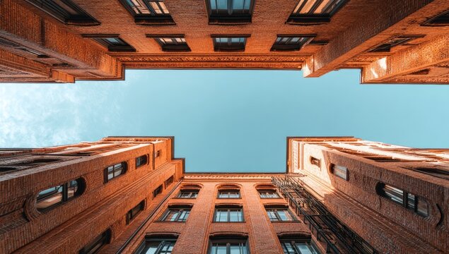 Architectural view of terracotta brick buildings - Powered by Adobe