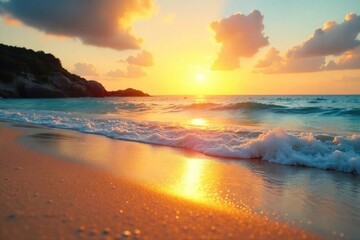 Fototapeta premium Golden hour sunlight bathes a tranquil beach scene, warm sand reflecting the vibrant rays Perfect for summer vacation, travel, and holiday themes , tropical, yellow