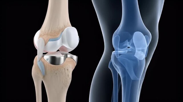 Knee Joint Replacement Anatomy Illustration on Black Background Depicting Bone Structure And Implant Visualization with Surgical Solution for Medical Education
