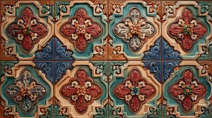 Ornate and colorful ceramic tile mosaic showcasing a beautiful symmetrical floral and geometric pattern