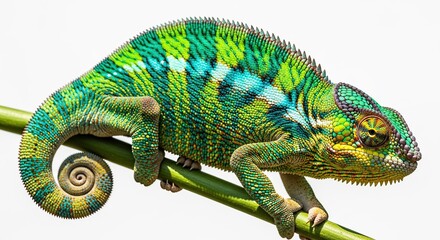 Obraz premium Colorful Chameleon on Green Branch Closeup in Bright Lighting