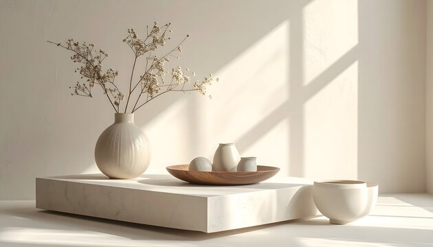 Composici&oacute;n minimalista con jarrones de cer&aacute;mica blanca y ramas secas iluminados por luz natural sobre superficie elegante