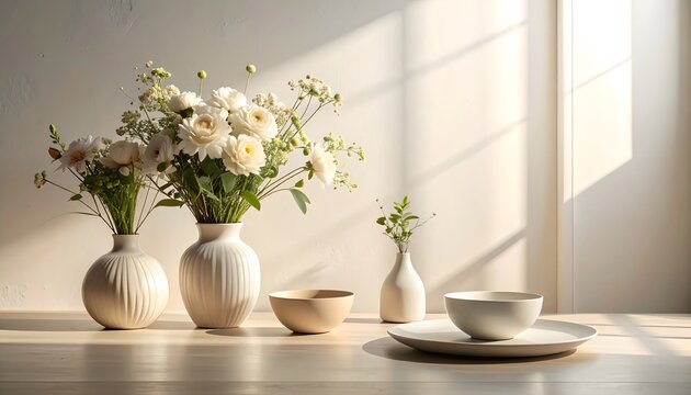 Bodeg&oacute;n minimalista con jarrones de cer&aacute;mica blanca y flores frescas iluminados por la luz natural en interior elegante