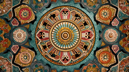 Fototapeta premium Intricate circular ceiling design with vibrant colors and detailed patterns