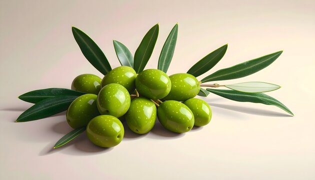 Racimo de aceitunas verdes frescas con hojas de olivo sobre fondo neutro minimalista