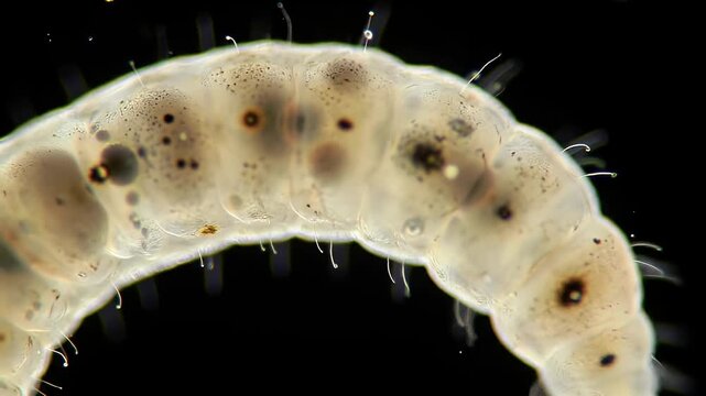Glistening Nematode Close Up View Under Microscopy Isolated on Black Background for Parasitology Research and Scientific Visualization of Microscopic Worms and Internal Parasites