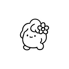 Cute, round, cartoon character with curly hair and a flower