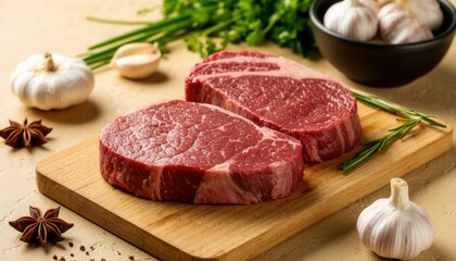 Raw beef steak on a wooden cutting board with garlic cloves and star anise in a black bowl on beige textured surface. Perfect for gourmet branding, recipe visuals, and World Food Day campaigns.