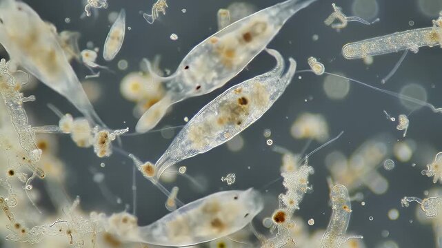 Microscopic Organisms Exploring Fluid Ecosystem under Light Microscopy Observation Showing Transparent Body with Brown Spots and Various Shapes for Educational and Research