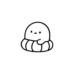 Cute, cartoon-style, black-line drawing of a round creature sitting on a striped inner tube
