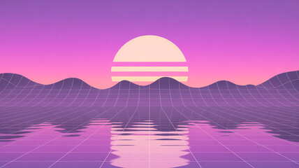 Obraz premium Retro vaporwave digital sunset landscape with glowing horizon and grid