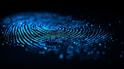 Stunning blue glowing fingerprint pattern with sparkling particles on dark background, symbolizing digital security, identity, and futuristic technology.